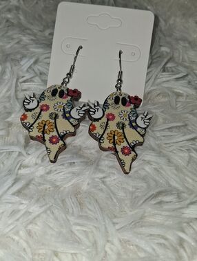 Floral Ghost Wooden Dangle Earrings - Yellow